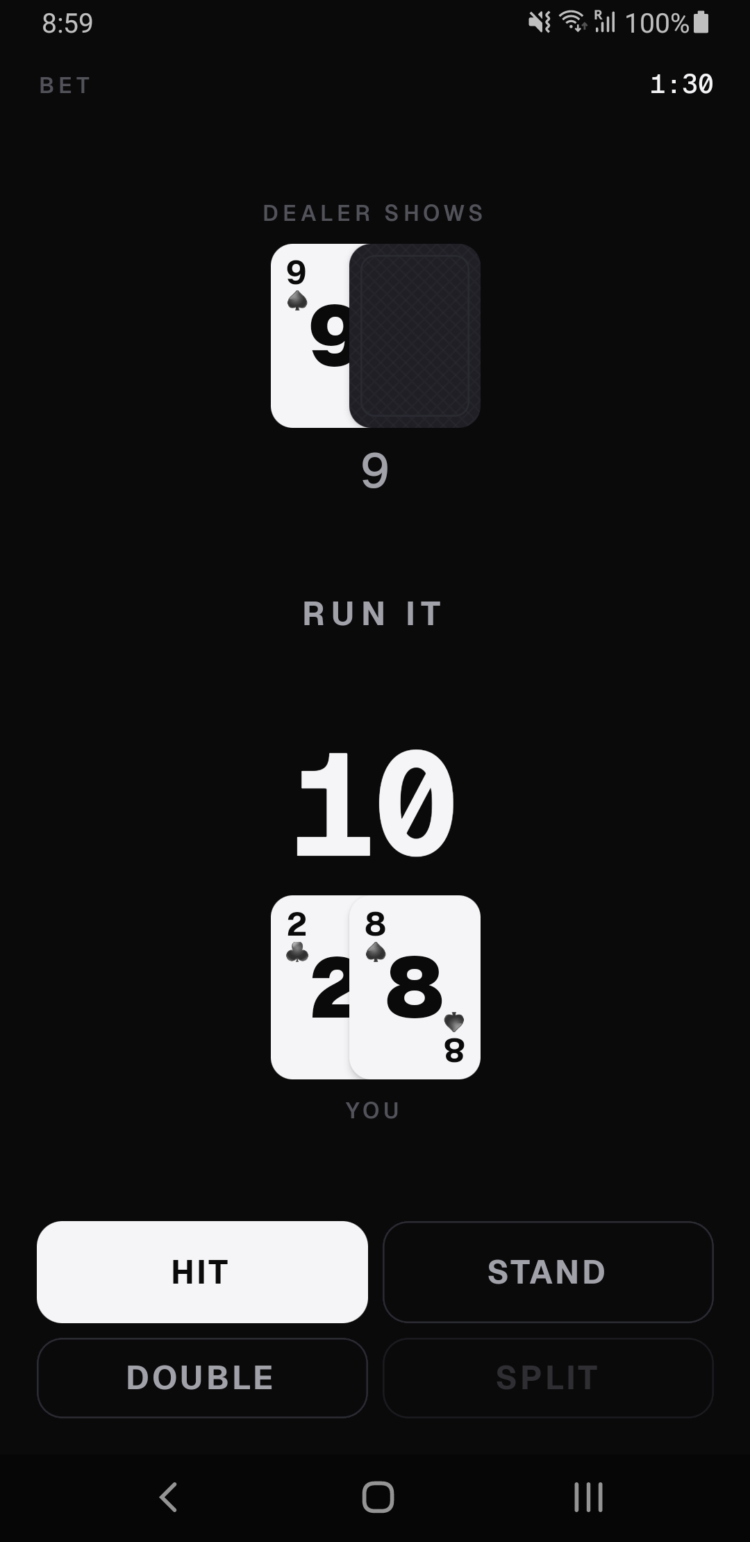 Blackjack hand — dealer shows 9, you have 10. Hit, stand, double, or split