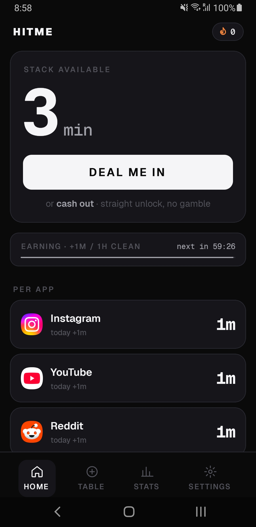 Hitme home screen — Stack Available 3 min, Deal Me In, with Instagram, YouTube, and Reddit balances