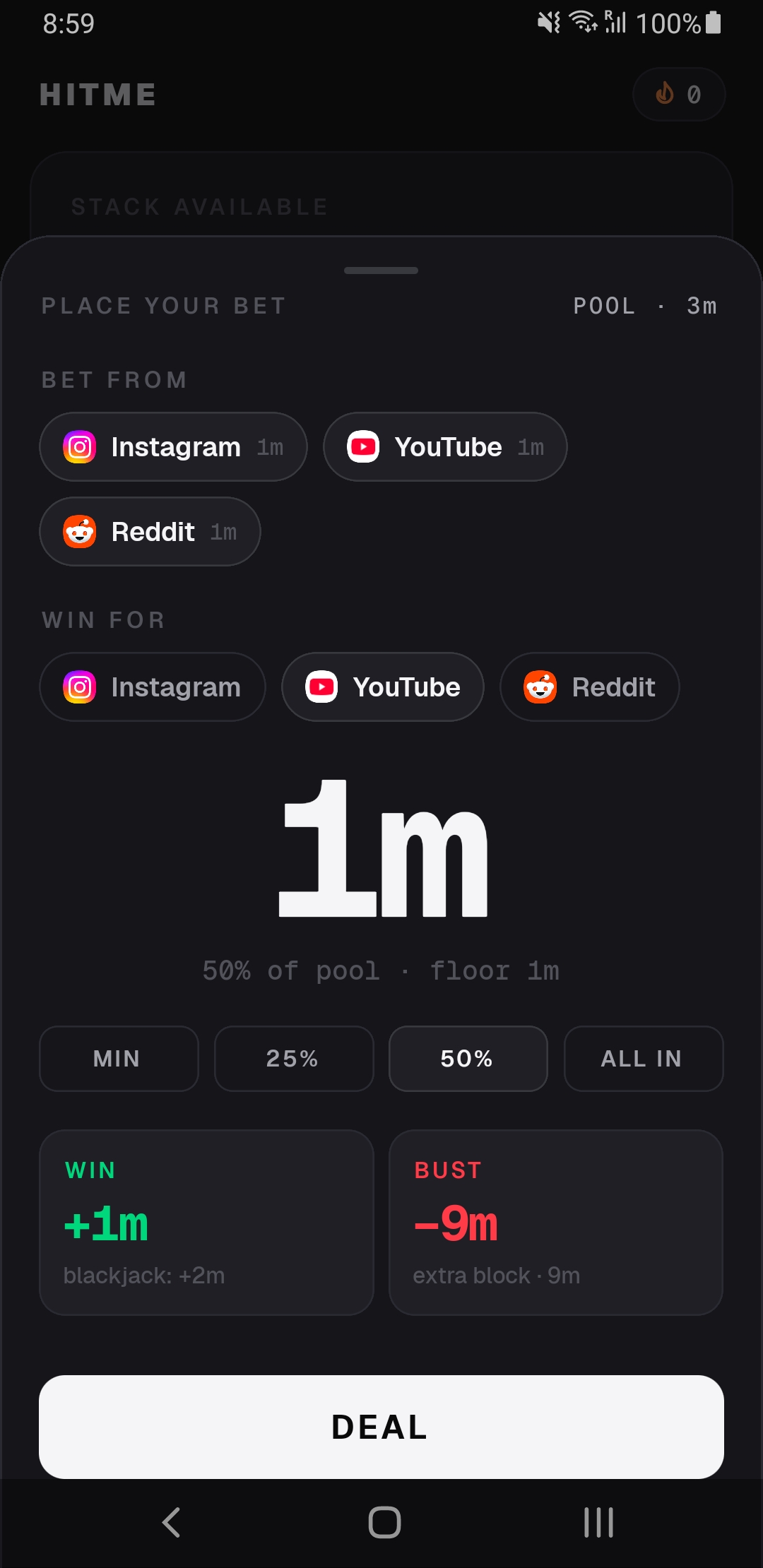 Place your bet — choose source apps and stake size